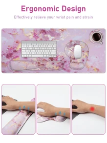 A Set Large Ergonomic XXL Marble Desk Mat Set - Extended Gaming Mouse Pad, Keyboard Wrist Rest Support, Coaster - Non-Slip Base, Stitched Edge - Easy Typing, Pain Relief - (35.4*15.7 In) - For Office, Home, Computer, Laptop