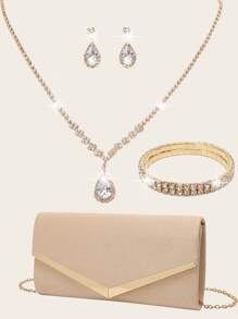 4入組鑲有鑽石的珠寶套裝，閃耀頸鍊、耳環和手鏈，適用於婚禮配件；優雅杏色V形絨布信封包，適用於女士晚宴、婚禮、正式派對手提包、晚宴手抓包 - 杏色 - 查看 2