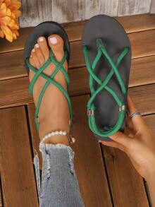 女性戶外沙灘編織帶扁平涼鞋，新品推出 - 綠色 - 查看 8