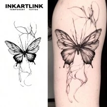 INKARTLINK革命性半永久紋身技術，以蝴蝶、動態心臟為特色的逼真設計，可臨時貼肌膚，外觀真實，防水，具有小眾花朵和果汁主題的植物紋身貼紙 - 黑色 - 查看 2