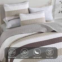 DJY 3 Pieces Orange Striped Quilt Set Queen King California King Size Boho Bedspread Coverlet Bed Set With Two Pillow Covers,Soft Lightweight Microfiber Floral Pattern,Summer Home Bed Room Decor ,Wedding Items,Home Bed Room Decor,Ideal Gift,All Season - 灰色&棕色 - 查看 4