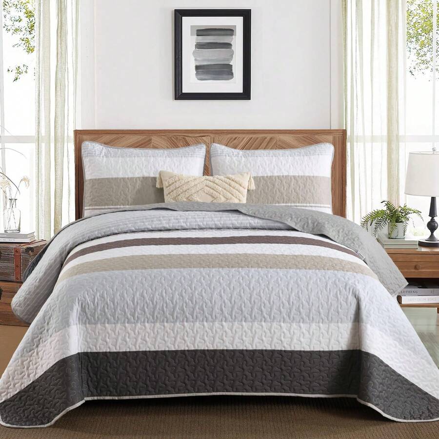 DJY 3 Pieces Orange Striped Quilt Set Queen King California King Size Boho Bedspread Coverlet Bed Set With Two Pillow Covers,Soft Lightweight Microfiber Floral Pattern,Summer Home Bed Room Decor ,Wedding Items,Home Bed Room Decor,Ideal Gift,All Season - 灰色&棕色 - 查看 1