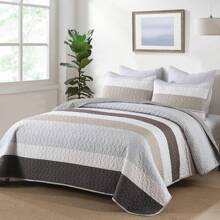DJY 3 Pieces Orange Striped Quilt Set Queen King California King Size Boho Bedspread Coverlet Bed Set With Two Pillow Covers,Soft Lightweight Microfiber Floral Pattern,Summer Home Bed Room Decor ,Wedding Items,Home Bed Room Decor,Ideal Gift,All Season - 灰色&棕色 - 查看 2