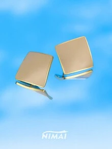 1對歐美時尚不鏽鋼吊墜耳環，方形和鑽石造型，18K鍍金，適合女性日常佩戴的輕便配飾 - 四方形曲面耳釘 - 查看 12