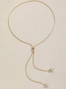 1入組長款可調節人造珍珠項鍊，極簡主義設計，萬能鎖骨鍊頸鏈