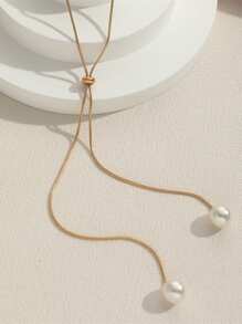 1入組長款可調節人造珍珠項鍊，極簡主義設計，萬能鎖骨鍊頸鏈