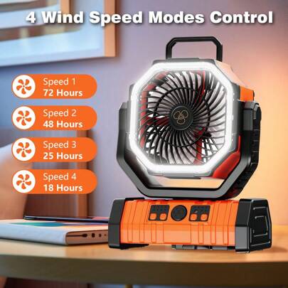 Portable Fan, Camping Fan Rechargeable With LED Light And Hanging Hook, 4 Speeds Settings For Camp, Fishing, Office, Home Use