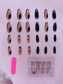 24 Peças de Unhas Postiças Formato de Amêndoa Médio, Borda Francesa Preta, Unhas Adesivas com Desenho de Coração, 1 Peça Lixa de Unha e 1 Peça Kit de Adesivo de Cola para Unhas, Presente para Meninas, Mães e Mulheres. Conjunto de Arte de Unhas Clareadora com Unhas Postiças Destacáveis para Festival, Festa, Encontro e Uso Diário - Preto - Visão 3