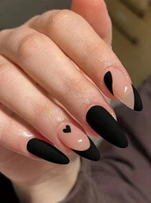 24 Peças de Unhas Postiças Formato de Amêndoa Médio, Borda Francesa Preta, Unhas Adesivas com Desenho de Coração, 1 Peça Lixa de Unha e 1 Peça Kit de Adesivo de Cola para Unhas, Presente para Meninas, Mães e Mulheres. Conjunto de Arte de Unhas Clareadora com Unhas Postiças Destacáveis para Festival, Festa, Encontro e Uso Diário - Preto - Visão 1