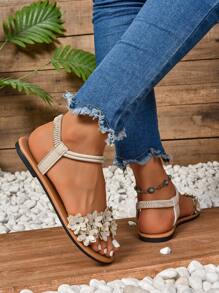 2024 Summer New Flat Floral Sandals For Women, Versatile Mid-Heels Peal Decorated Roman Shoes With Ankle Strap - Beige - View 3