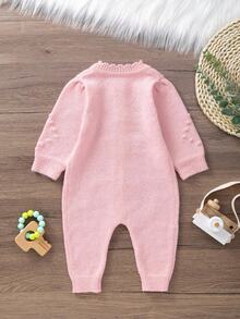Newborn Baby Girl Embroidered Long Sleeve Knitted Romper - Pink - View 2