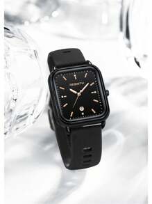 1入女性復古矽膠帶簡約時尚日曆石英手錶，適合日常佩戴 - 黑色 - 查看 3