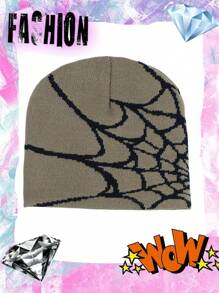 1pc Unisex Knitted Jacquard Spider Net Design Windproof & Thermal Beanie Hat For Outdoor Activities, One Size Fits All Street Halloween Skull Skeleton