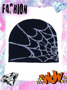 1pc Unisex Knitted Jacquard Spider Net Design Windproof & Thermal Beanie Hat For Outdoor Activities, One Size Fits All Street Halloween Skull Skeleton
