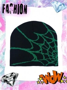 1pc Unisex Knitted Jacquard Spider Net Design Windproof & Thermal Beanie Hat For Outdoor Activities, One Size Fits All Street Halloween Skull Skeleton