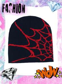 1pc Unisex Knitted Jacquard Spider Net Design Windproof & Thermal Beanie Hat For Outdoor Activities, One Size Fits All Street Halloween Skull Skeleton