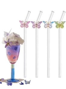 1pc Colorful Butterfly Series Glass Straw, Clear Bending Straw For Iced Drinks, Cocktails, Milkshake, Reusable Party Colorful Butterfly Series Glass Straw, Kitchen, Christmas Gift - Colorful Butterfly Straws - View 6