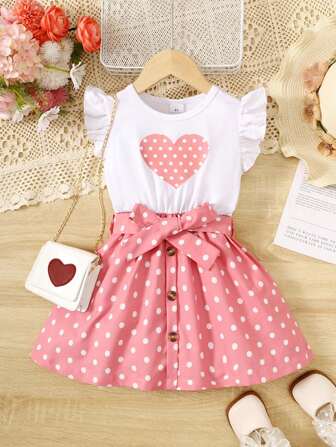 Girls' Fashion Sleeveless Round Neck Heart & Polka Dot Print Patchwork Princess Dress, Suitable For 4-7 Years Old Children, Outdoor, Street, School, Daily Wear