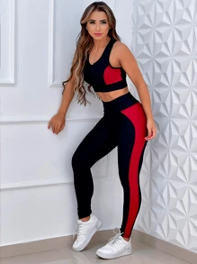Fitness Set Top + Pants With 3D Style Side Detail - 紅色 - 查看 1