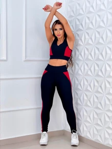 Fitness Set Top + Pants With 3D Style Side Detail - 紅色 - 查看 2