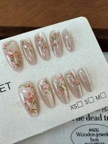10 件手工粉色猫眼假指甲，花朵和叶子美甲设计，甜杏仁形状按压式指甲美甲用品 - 彩色 - 查看 9
