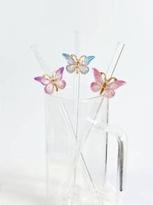 1pc Colorful Butterfly Series Glass Straw, Clear Bending Straw For Iced Drinks, Cocktails, Milkshake, Reusable Party Colorful Butterfly Series Glass Straw, Kitchen, Christmas Gift - Colorful Butterfly Straws - View 1