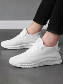 Los hombres de color sólido zapatillas deportivas casuales, de moda transpirable zapatos para correr, pareja puede zapatos de cordones de color sólido - Blanco - Ver 1