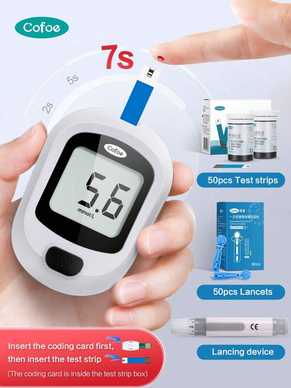 Cofoe Kit de monitorización de glucosa en sangre Cofoe con pantalla LCD, diseño compacto, 50 tiras de prueba confiables y 50 lancetas incluidas, glucometría digital set completo y portátil