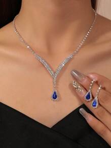 2-Piece Women Teardrop Pendant Necklace And Earrings Set, Fashion Elegant Jewelry For Wedding Party