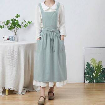 Delantal de lino ajustable para mujeres, delantal con peto, delantal suave con bolsillos para trabajos de jardinería, cocina, baño, hogar, artículos del hogar