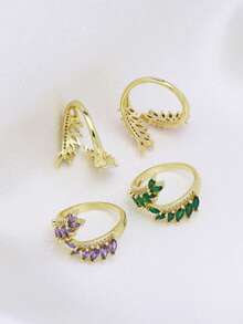 1入組幸運之翼銅鍍24K金並鑲嵌多色方形氧化鋯的紫色/粉紅色/綠色/白色開放式女戒指，極簡主義風格的環狀時尚設計具的葉片圖案，適用於各種場合 - 幸運翅膀 - 查看 3