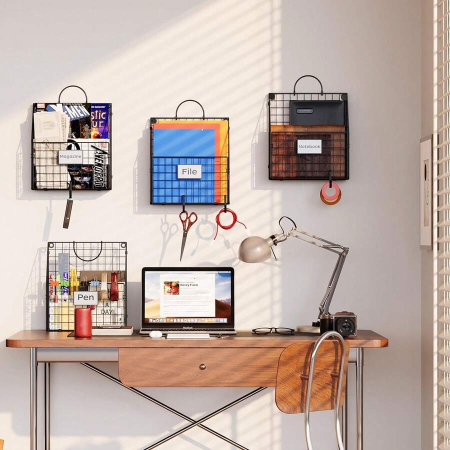 4 Pockets Hanging File Holder Organizer Metal Wall Mount Magazine Rack With Handles And 4 Adhesive Wall Hooks, Metal Wall File Holder Paper Document Rack For Office And Home - 黑色 - 查看 1