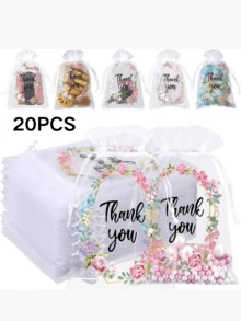 20 túi quà tặng vải organza mỏng màu trắng thanh lịch - Thiết kế hoa cảm ơn, túi đựng đồ trang sức và kẹo có dây rút nhỏ cho đám cưới, quà tặng tiệc, đồ trang điểm, túi lưới tinh tế, đồ trang trí Halloween, trang phục Halloween, đồ trang trí mùa thu, đồ trang trí lễ hội - Màu be - Xem 6