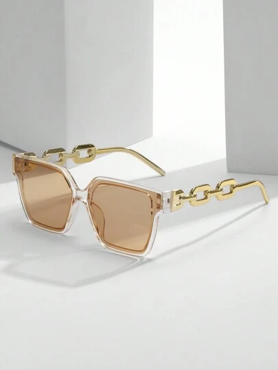 Oversized Square Frame Tinted Lens Fashion Glasses For Beach & Club Parties Elegant Shades Beach Accessories Beach Accessories For Women Glasses Shades Basics Fall Winter Women Outfits Clothes Business Casual Gifts Chain Elegant Outfit For Summer Beach Vacation,Outdoor,Travel Chain Elegant Style Oversized Square Frame