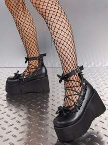 Women Mary Jnae Pumps Chunky High Wedges Bowknot Buckle Fashion Luxury Cosplay Classic Shoes Valentines - 黑色 - 查看 2