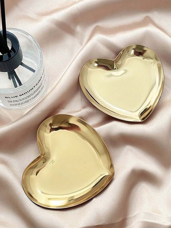 1pc Stainless Steel Jewelry Tray, Creative Gold Heart Design Jewelry Storage Display Tray For Home, Gift For Valentine's Day Back To School