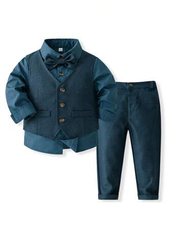 3pcs Young Boy Autumn Formal Set: Long Sleeve Shirt + Vest + Pants, Gentlemen Suit For Party & Wedding