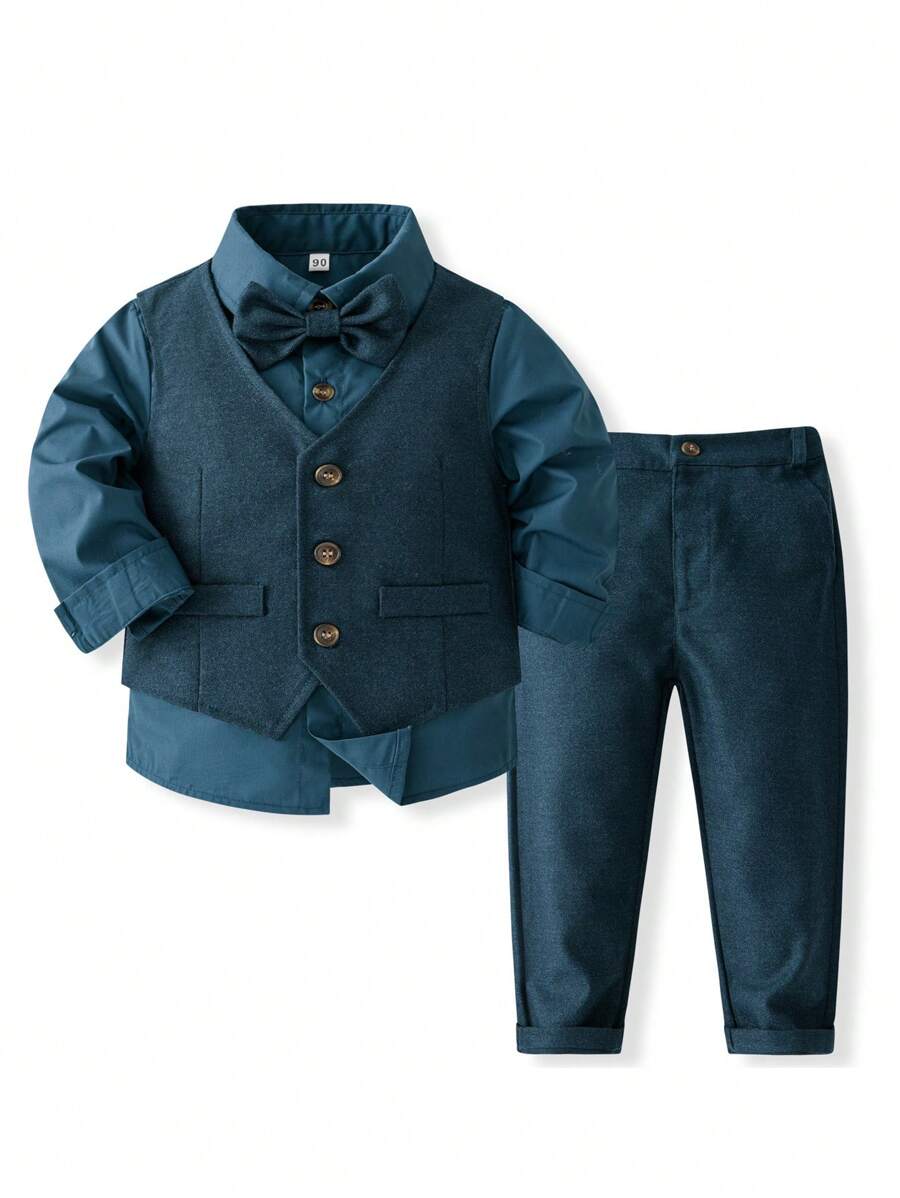 Set formal de toamnă pentru băiat tânăr 3 buc: cămașă cu mânecă lungă + vestă + pantaloni, costum de domni pentru petrecere și nuntă