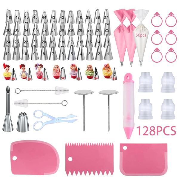 Set de 128 piezas de boquillas de acero inoxidable para decoración de pasteles con 57 boquillas, 2 mangas pasteleras reutilizables, 50 mangas pasteleras desechables, 3 raspadores de crema, 4 convertidores, 2 clavos de boquilla, 1 bolígrafo de repostería, 2 cepillos de limpieza y 1 tijera de crema para decoración de pasteles: boquillas, postres, cupcakes, bandejas de horno, herramientas de pastelería