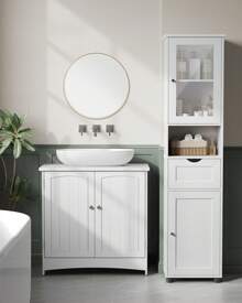 VASAGLE Mueble Baño, Armario Baño, Armario Alto, Compartimento Abierto, Puerta de Cristal, Estrecho, con Patas, Estantes Regulables en Altura, Ahorro de Espacio, Blanco Nube/Blanco Arce - Blanco - Ver 1