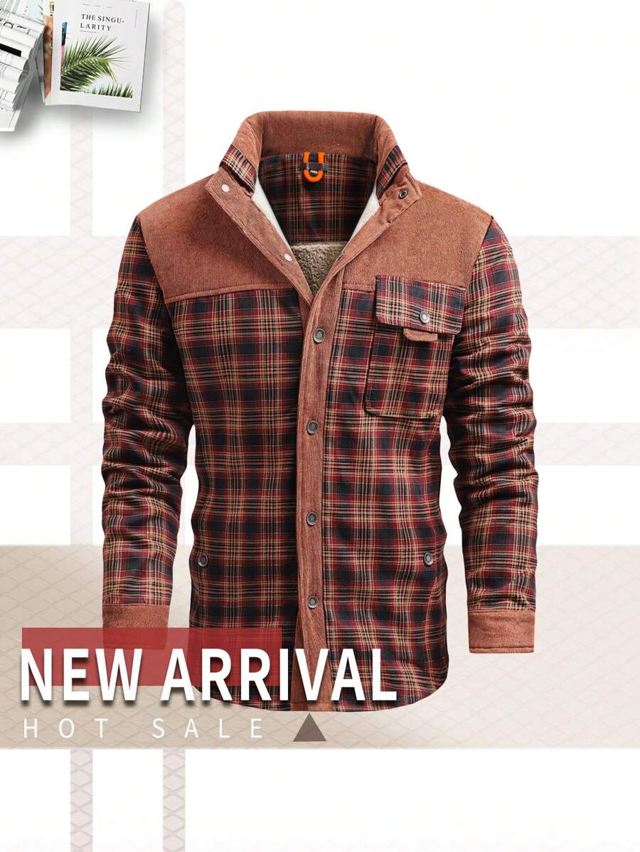 Abrigo acolchado con ajuste ceñido de estilo retro con parches de cuadros estilo deportivo, con forro térmico para otoño/invierno para hombre - Color caoba - Ver 1