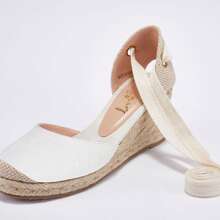 Womens Closed Toe Espadrille Sandals Platform Wedge Heels Lace Up Summer Shoes - trắng - Xem 3