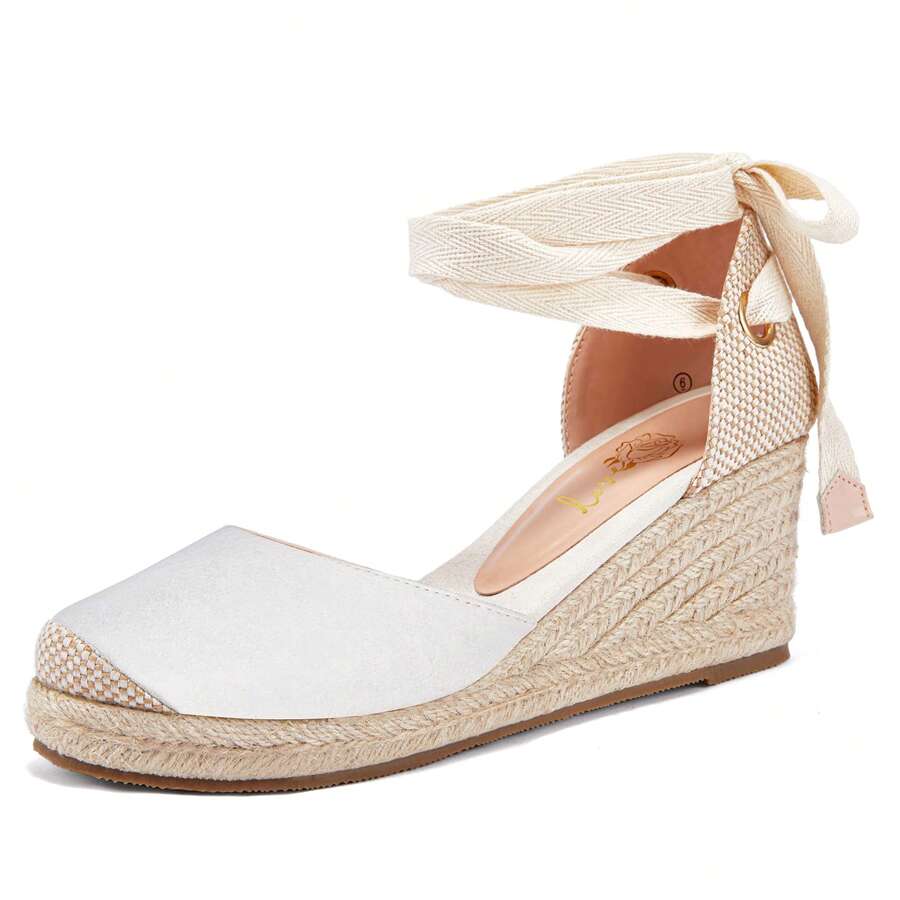 Womens Closed Toe Espadrille Sandals Platform Wedge Heels Lace Up Summer Shoes - trắng - Xem 1
