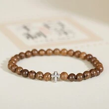 Charm Women Men Silver Cross Head Christian 8MM Natural Wooden Beaded Couple Bracelets