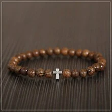 Charm Women Men Silver Cross Head Christian 8MM Natural Wooden Beaded Couple Bracelets