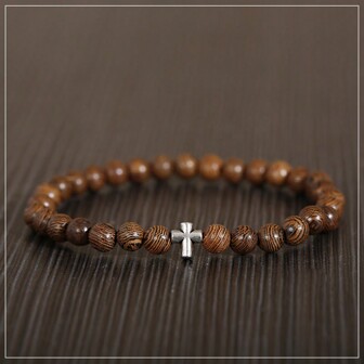 魅力女士男士银色十字架基督教8毫米天然木质串珠情侣手链