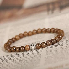 Charm Women Men Silver Cross Head Christian 8MM Natural Wooden Beaded Couple Bracelets