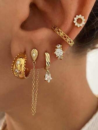 6 Pcs Perfect 24K Gold Plated Cubic Zirconia Star Stud Earrings For Women Zirconia Hoop Earrings Set