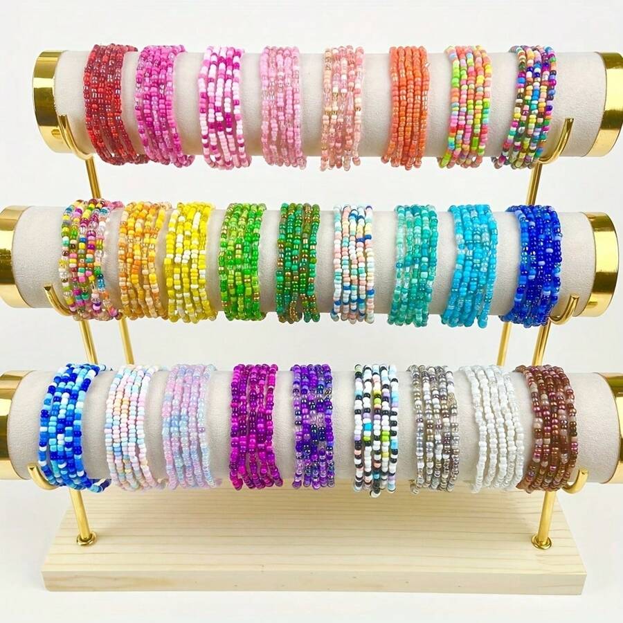 30pcs Colorful Beaded Bracelets, Random Assorted Colors, Summer Beach Bracelets, Bohemian Style, Stackable, Colorful Jewelry Accessories
