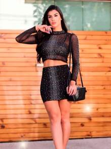 Cropped Blusa Manga Longa Tule Pedraria Brilho Strass Festa - Preto - Visão 3